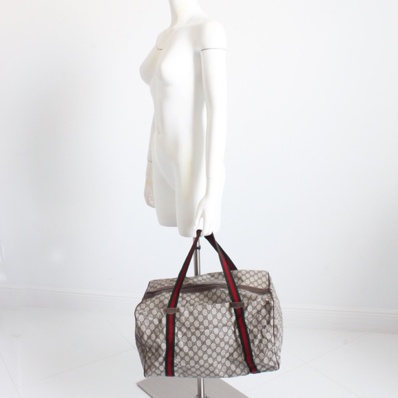 Gucci Duffle Bag GG Logo Canvas Brown Leather Trim Folding Travel Carry On 80s - Picture 4 of 15